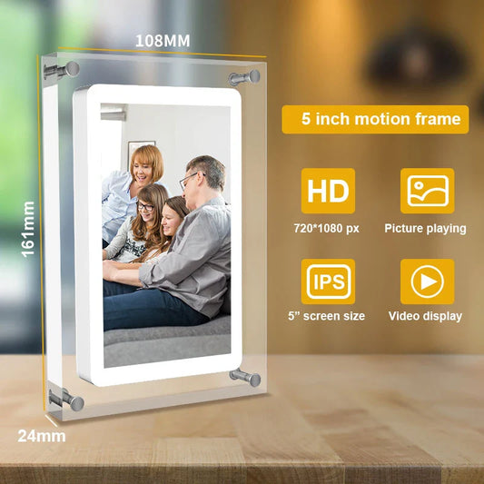 Acrylic Digital Photo Frame 5 Inch: 1000mAh IPS Screen 4G Memory Volume button Speaker Type C Cut Gift for Loved Porta Retrato